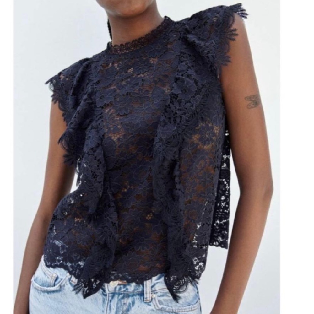 Zara Navy Lace Ruffle Sleeveless Blouse | Romantic Chic Statement Top NWT